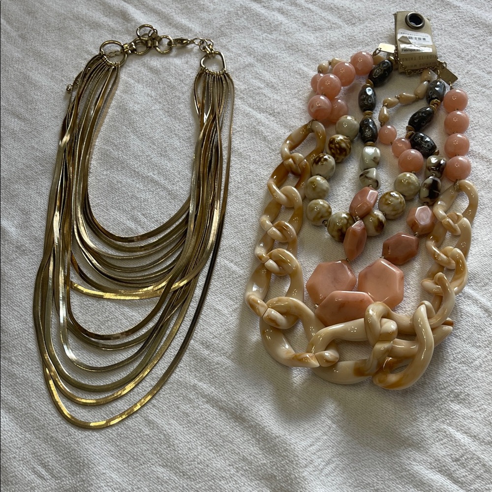 Gold Multi-Strand Layered Necklace & Pink Cream Bead Statement Necklace Set